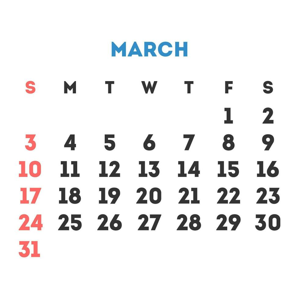 March 2024 month calendar. Vector illustration.