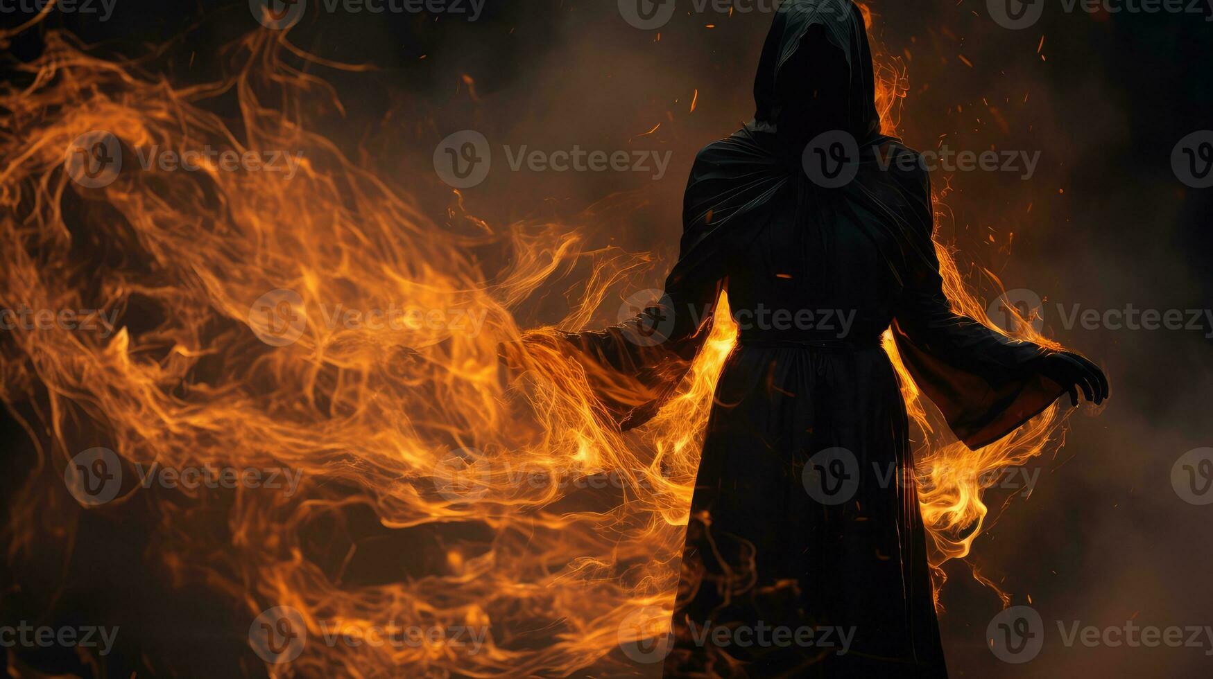 Mysterious hooded figure on fire. Generative AI photo