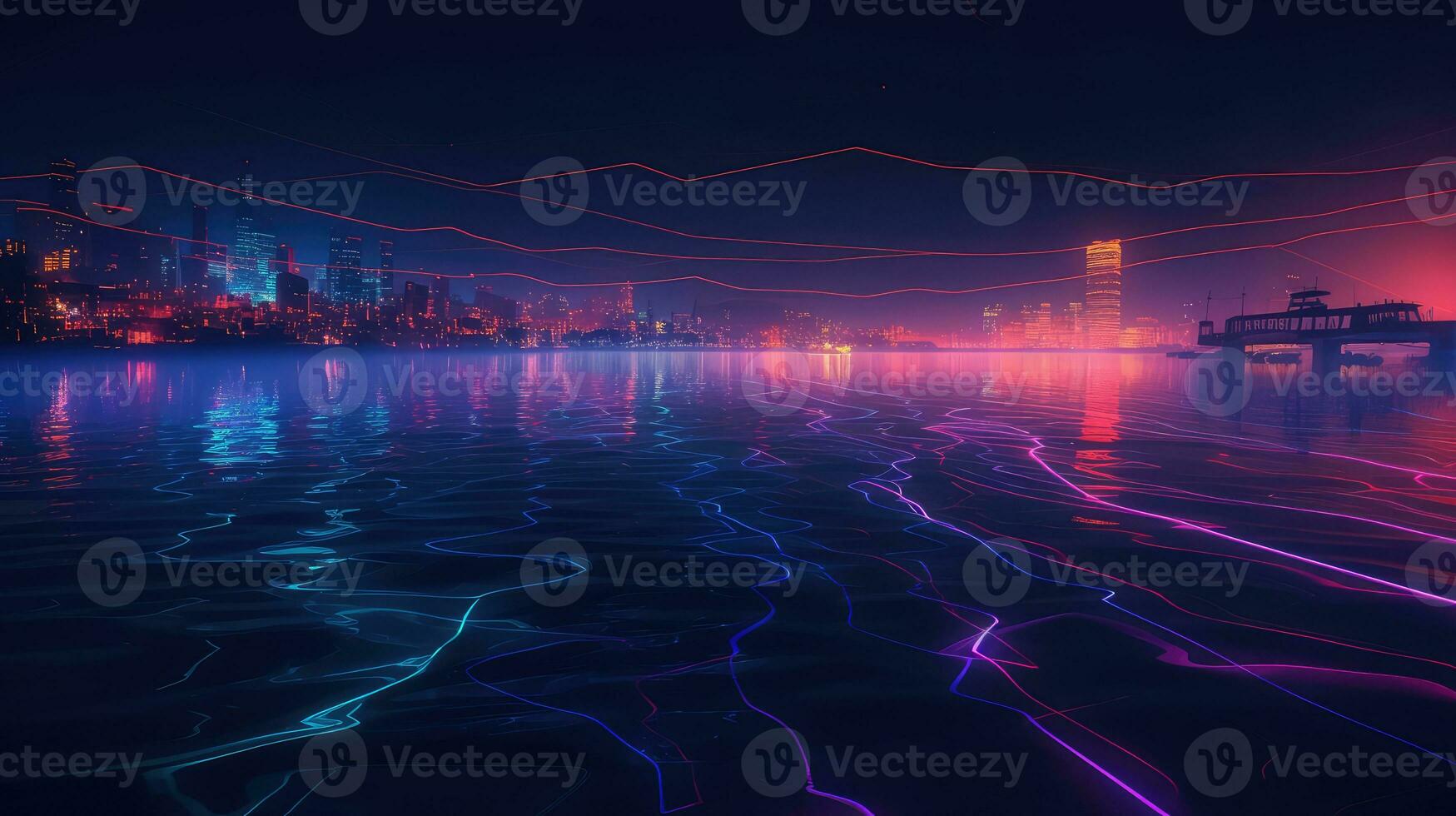 Glowing city and neon lines on water. Generative AI photo