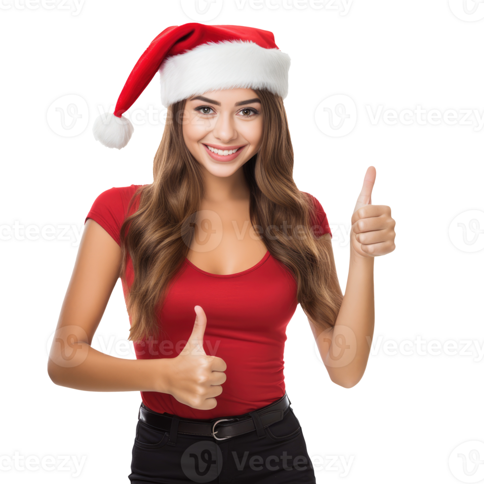 Beautiful young girl in a santa hat with thumbs up png