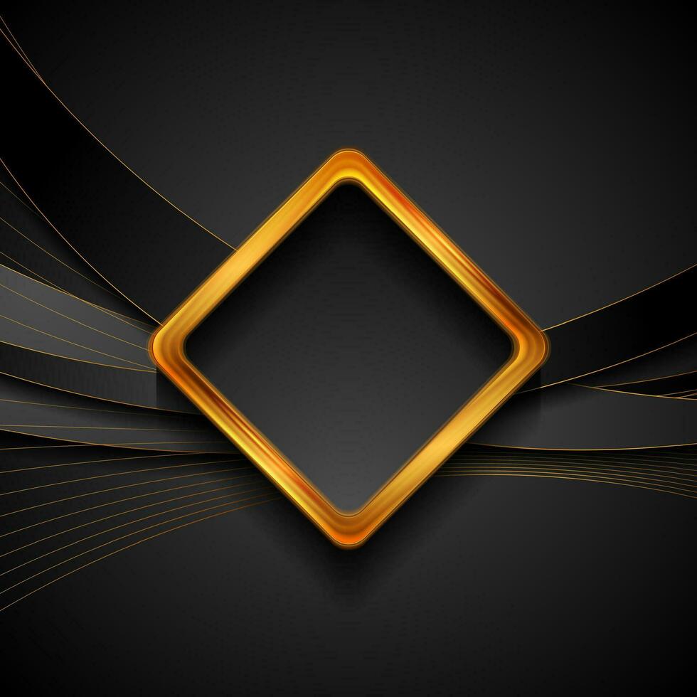 Black waves and golden lines with glossy square abstract background vector