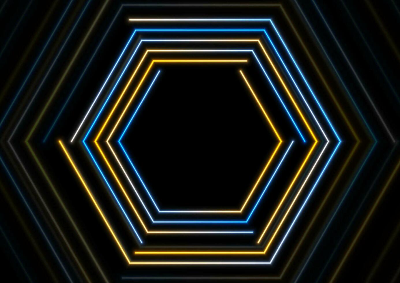 Blue and orange glowing neon hexagonal frame vector