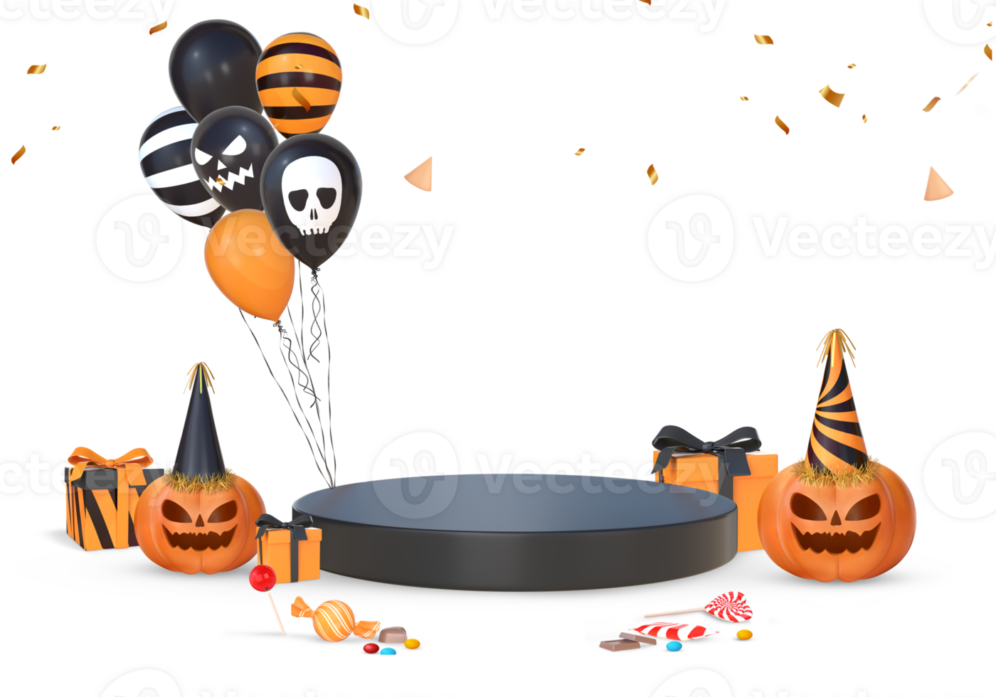 3D Rendering Halloween Podium Stage For Product Placement With Pumpkins, Gifts, Candies And Balloons png