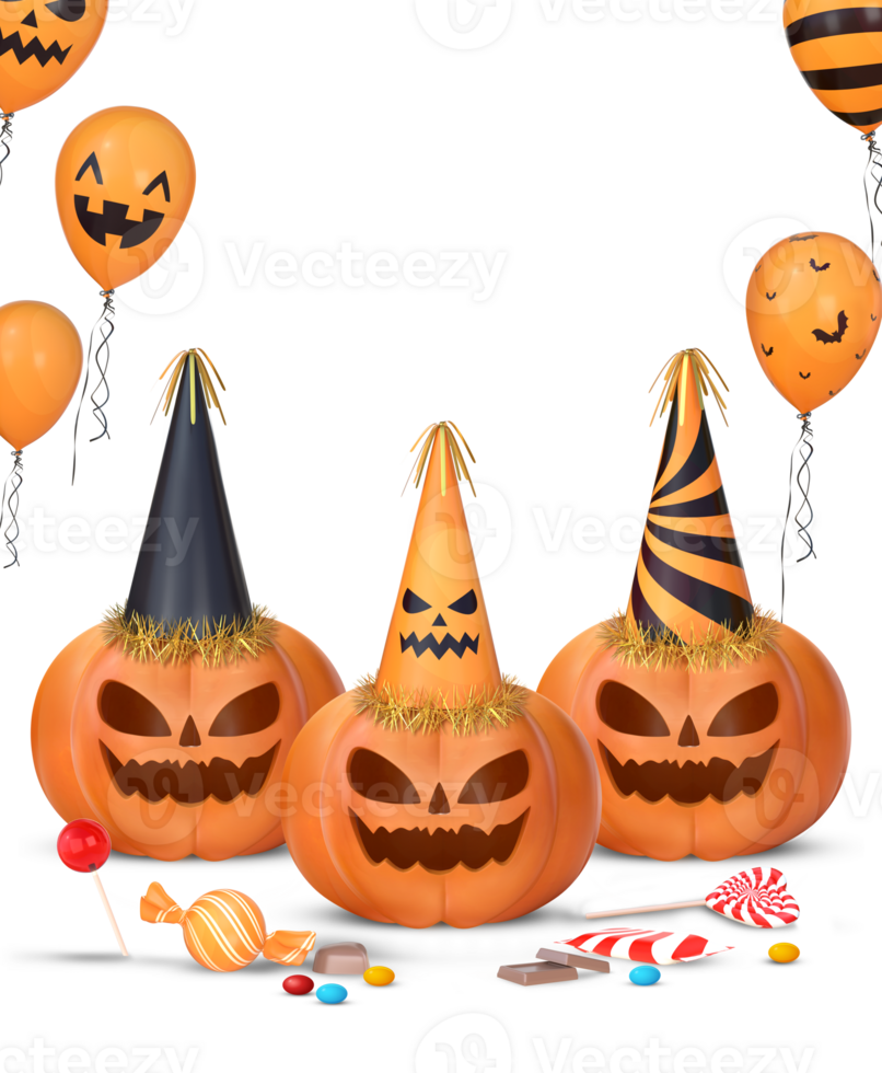 3D Rendering Halloween Pumpkins With Party Hats And Candies png