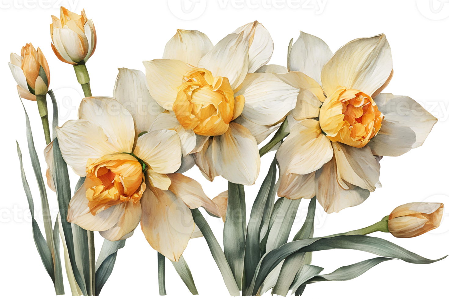 Elegant watercolor spring narcissus flowers. Daffodils. Floral botanical illustration. AI generative png