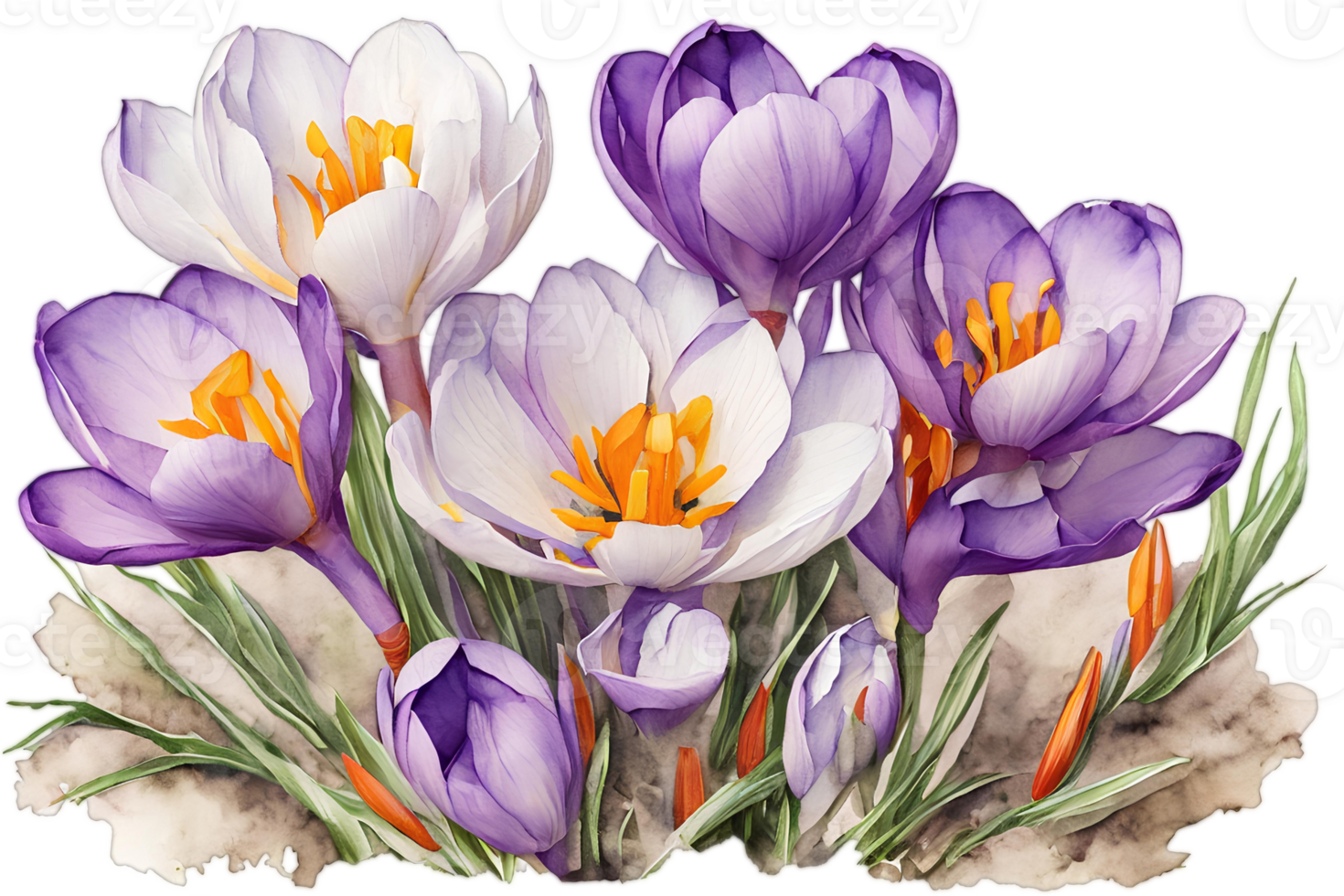 Elegant watercolor spring crocus flowers. Floral botanical illustration. AI generative png