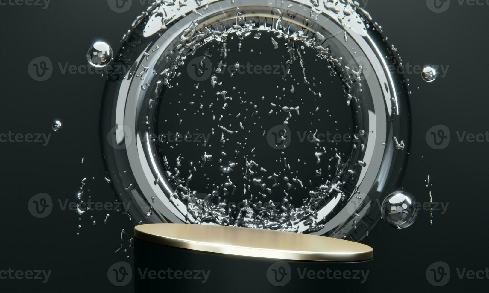 black podium and water splashing on white background.3D rendering photo