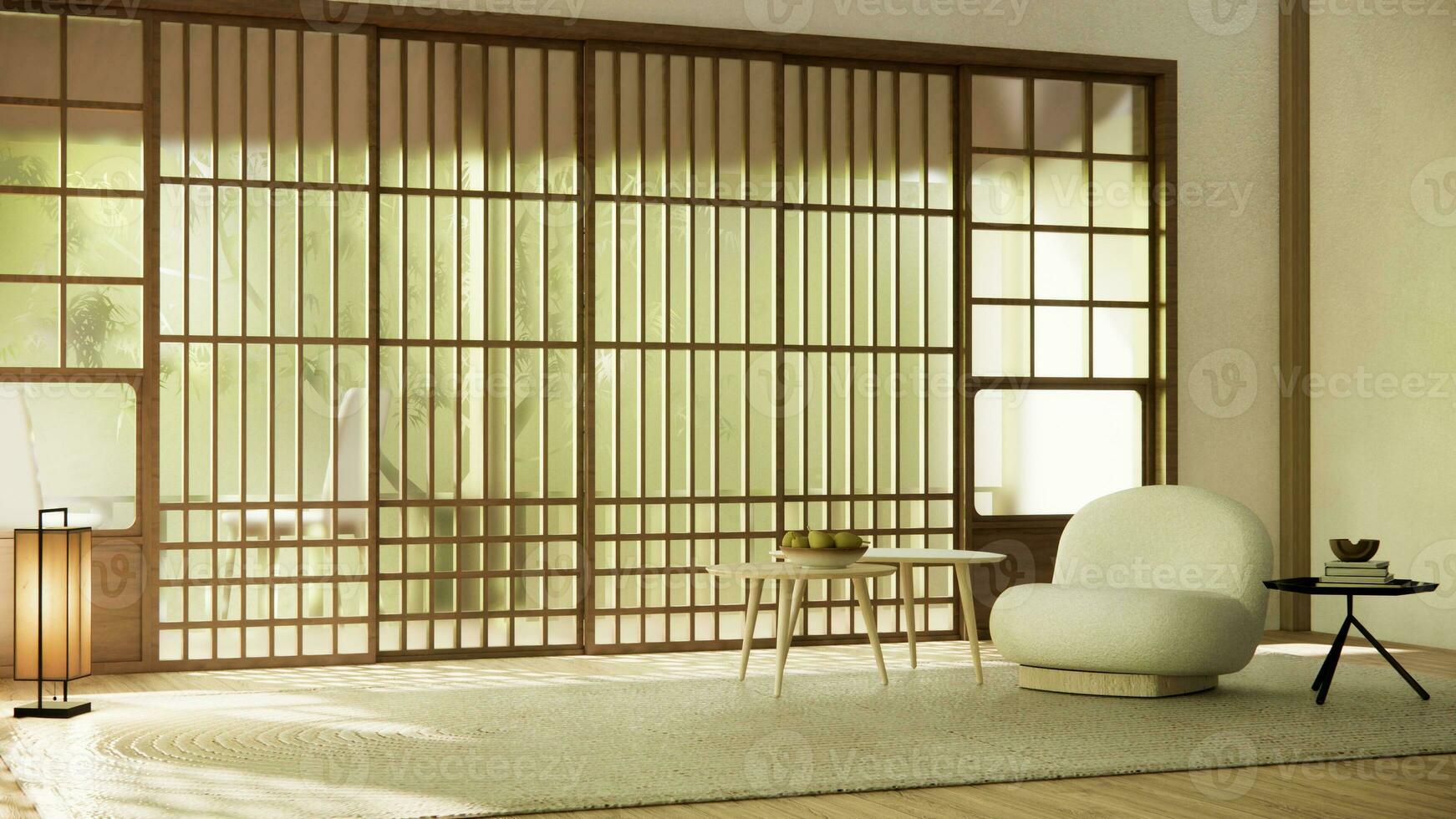 Minimalist japandi style living room decorated with sofa. photo