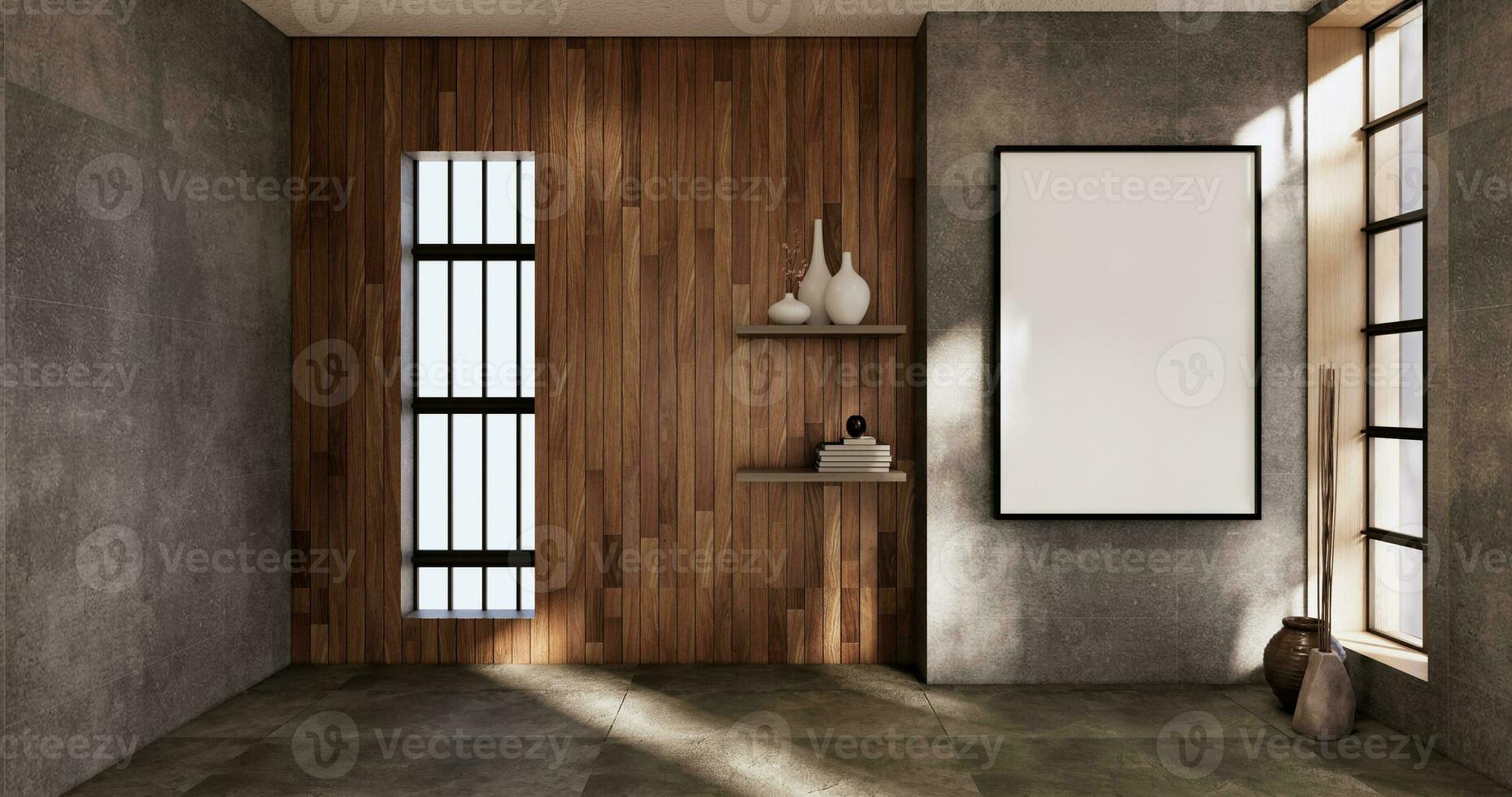 Cleaning empty room interior japandi wabi sabi style.3D rendering photo