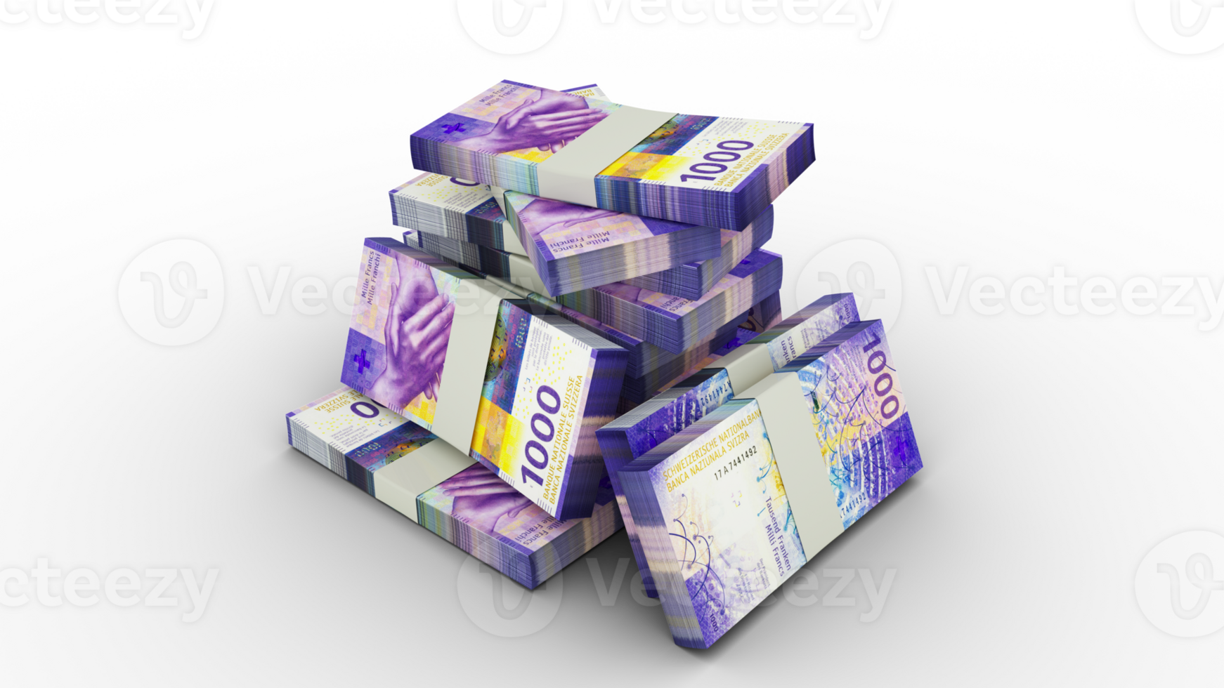 3d rendering of 1000 Stacks of Swiss Franc notes. bundles of Swiss Franc notes isolated on transparent background png