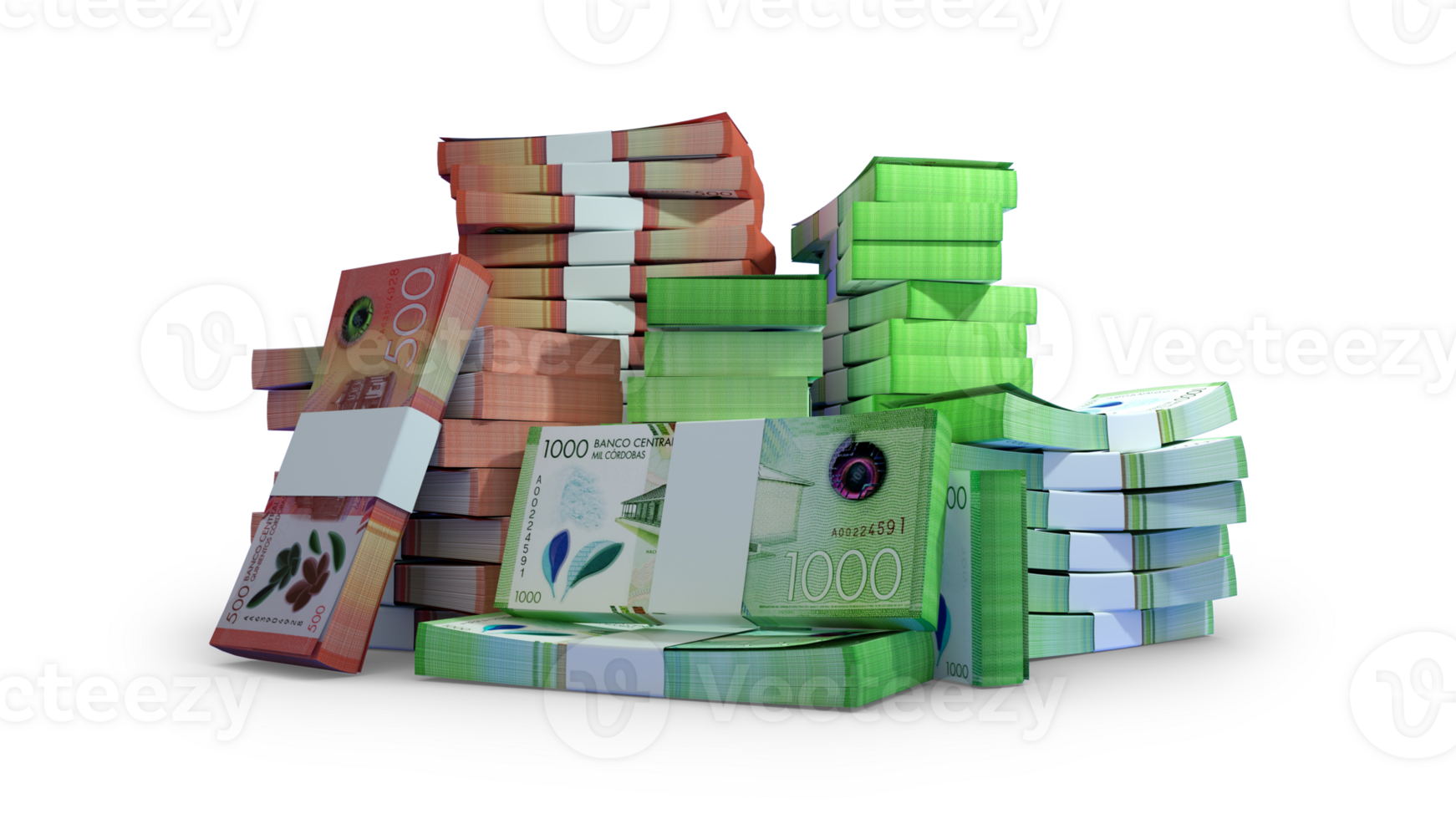 Stacks of Nicaraguan Cordoba notes. A lot of money isolated on transparent background. 3d rendering of bundles of cash png