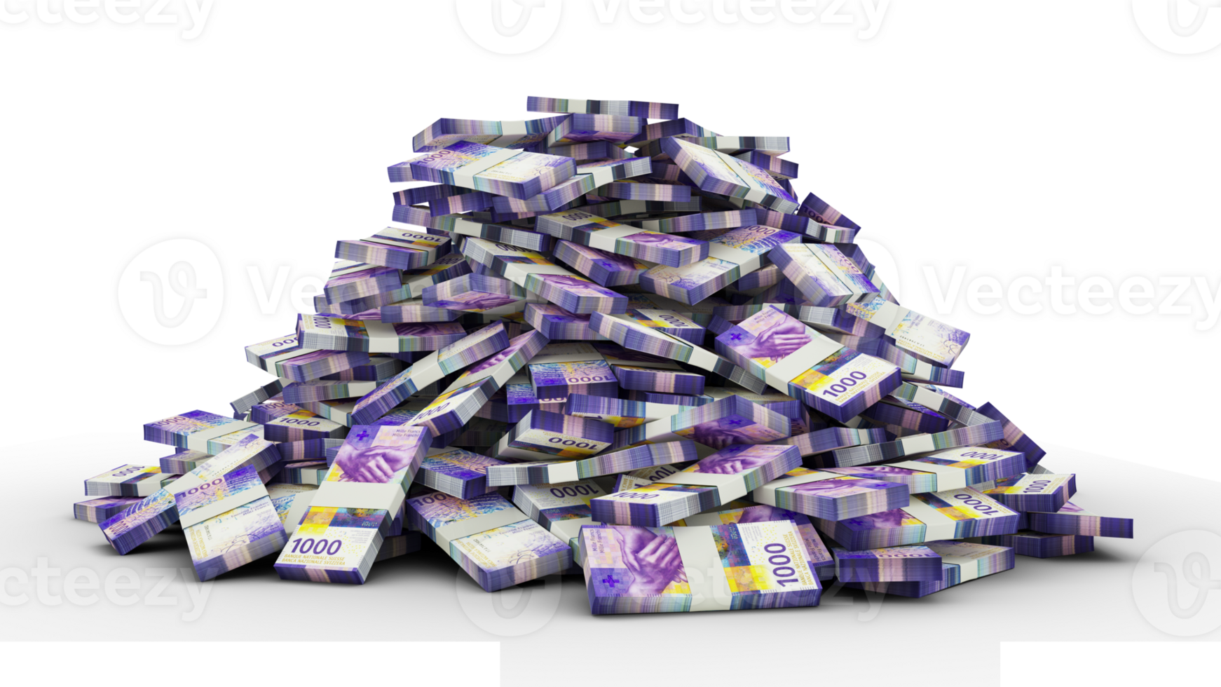 Big pile of stacks of 1000 Swiss Franc notes a lot of money isolated over transparent background. 3d rendering of bundles of cash png