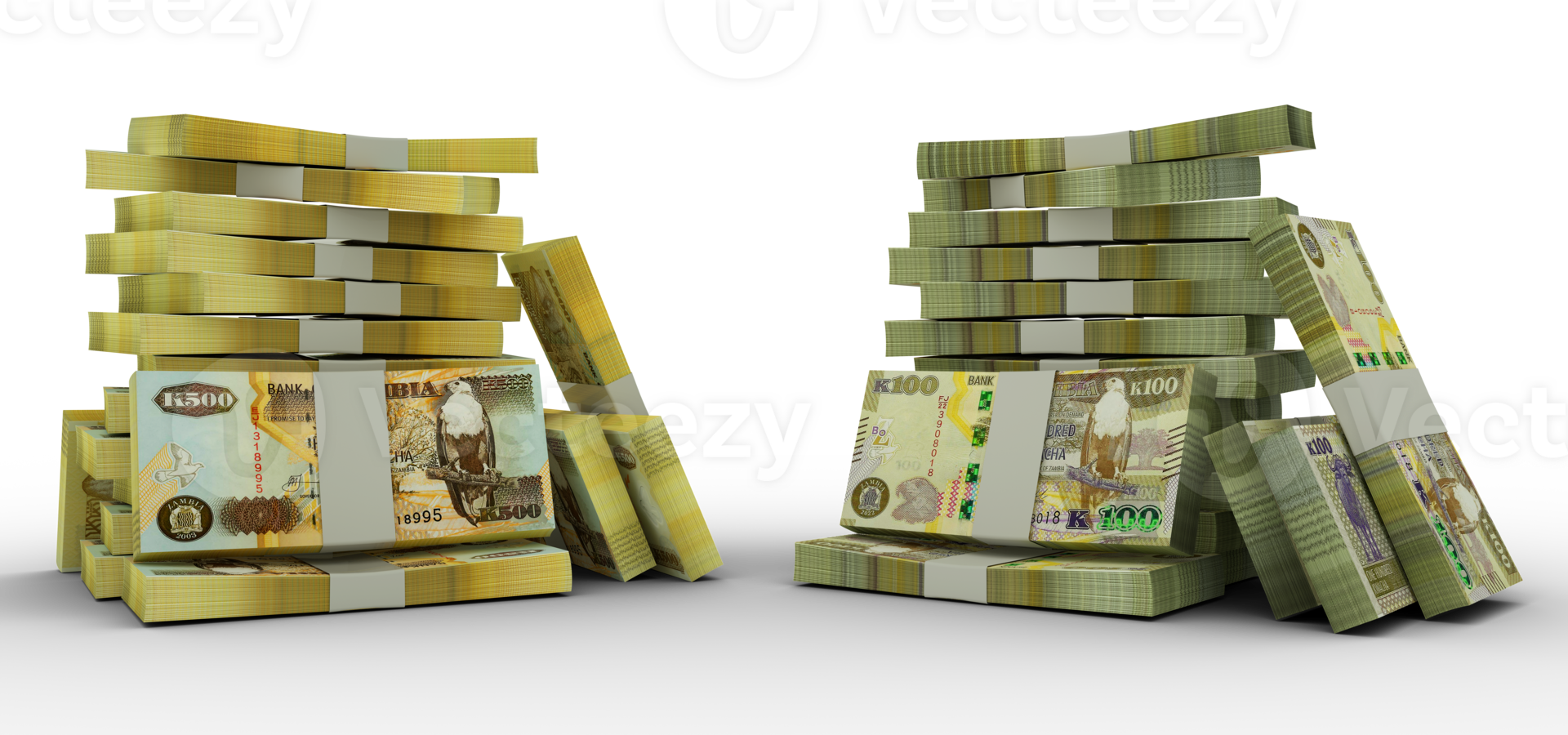 3d rendering of Stacks of Zambian Kwacha notes. bundles of Nigerian currency notes isolated on transparent background png
