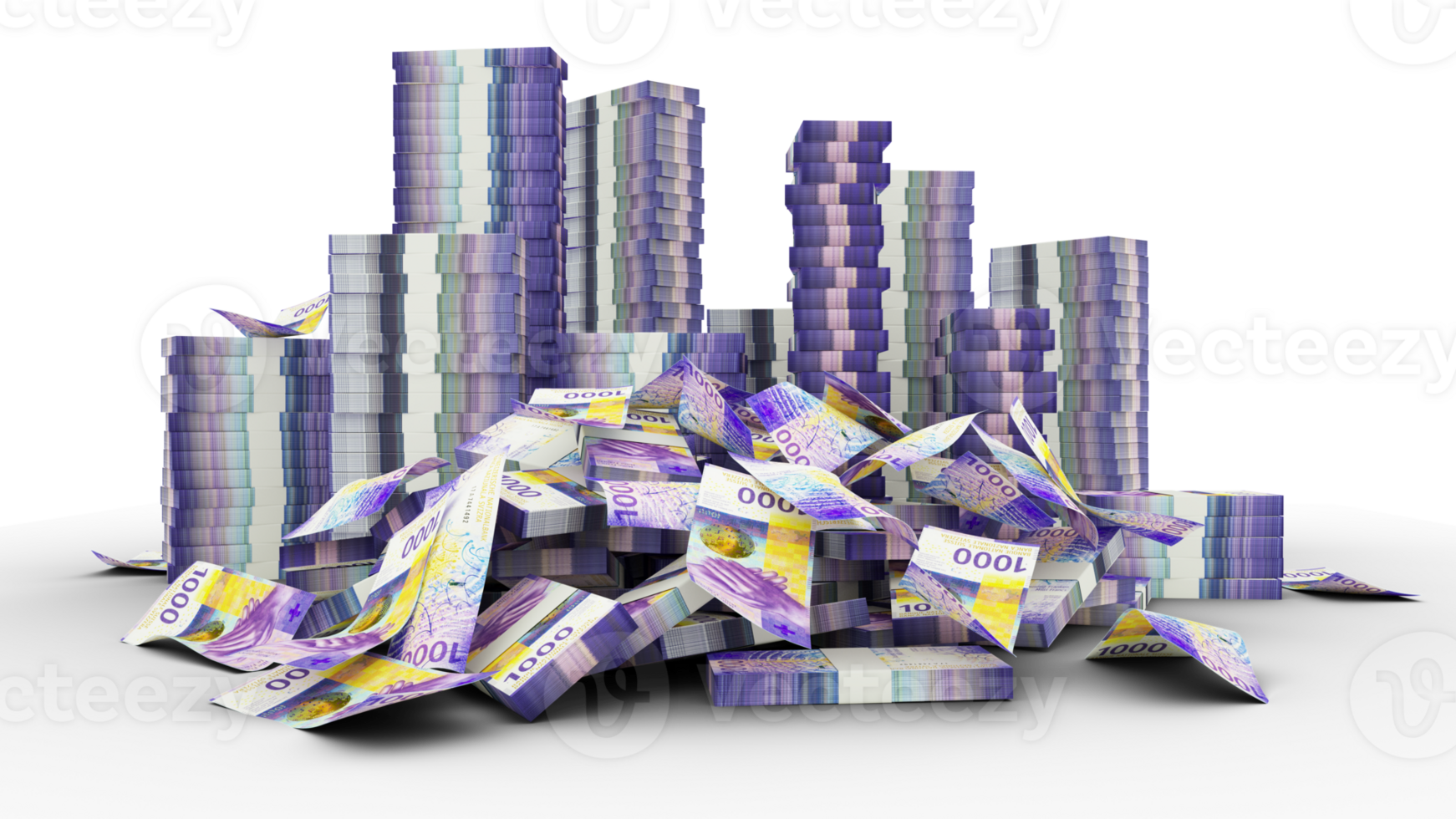 Big stacks of 1000 Swiss Franc notes. A lot of money isolated on transparent background. 3d rendering of bundles of cash png