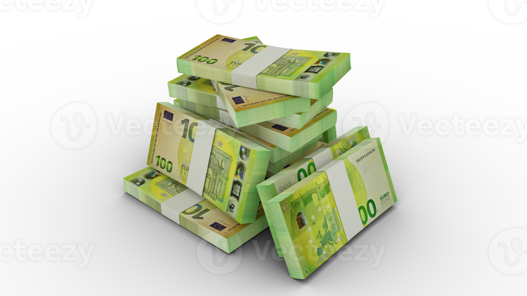 3d rendering of Stacks of Euro notes. bundles of Euro currency notes isolated on transparent background png