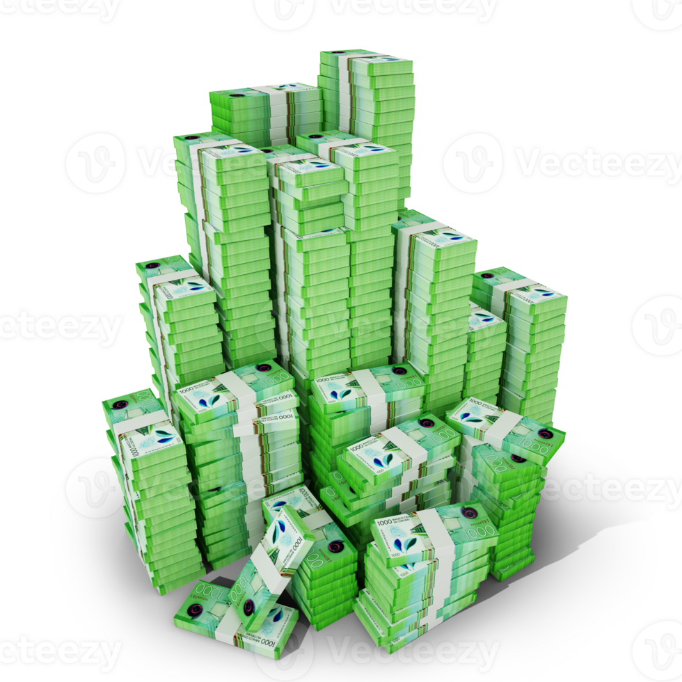 Big stacks of 1000 Nicaraguan Cordoba notes. A lot of money isolated on transparent background. 3d rendering of bundles of arranged cash png