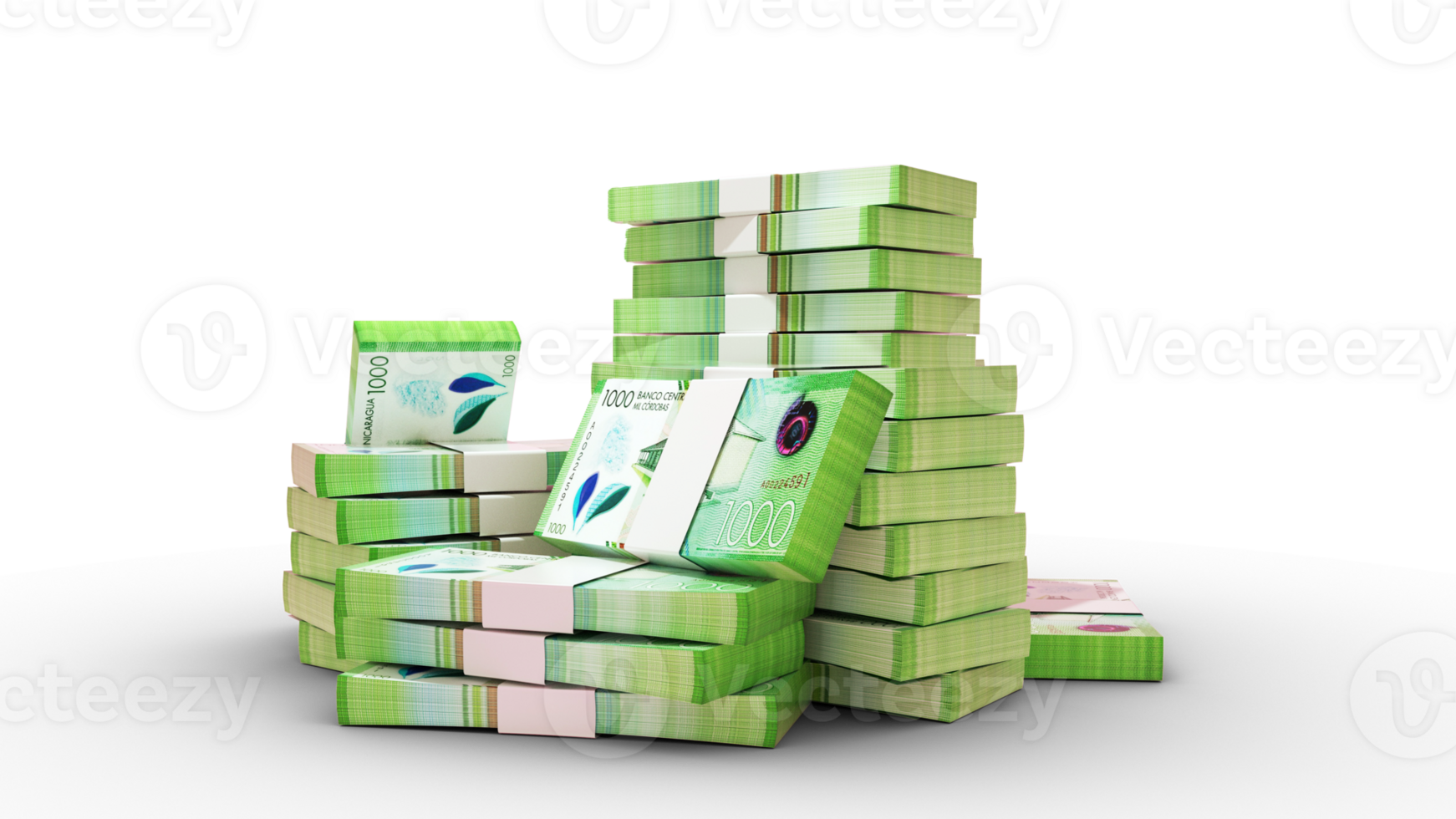 Stacks of 1000 Nicaraguan Cordoba notes. money on transparent background. 3d rendering of bundles of cash png