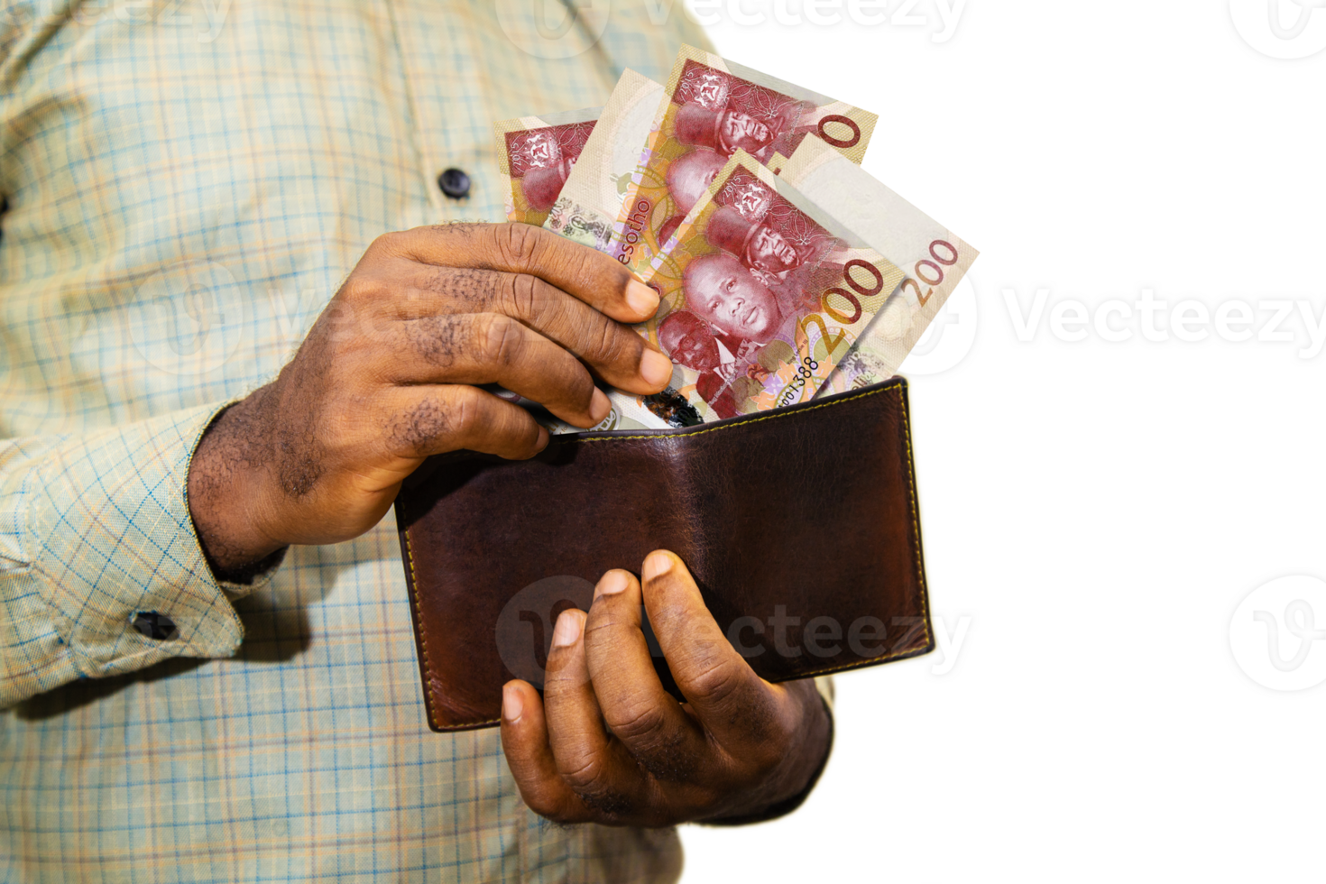 Black person Holding brown wallet With Lesotho Loti notes, hand removing money out of wallet over transparent background removing money from wallet png