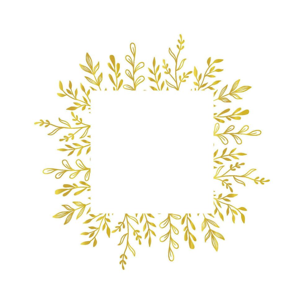 Gold floral square border. Vector golden floral leaf wreath border. Wedding square frame design. Hand drawn rustic flourish elegant rectangle frame. Vector illustration