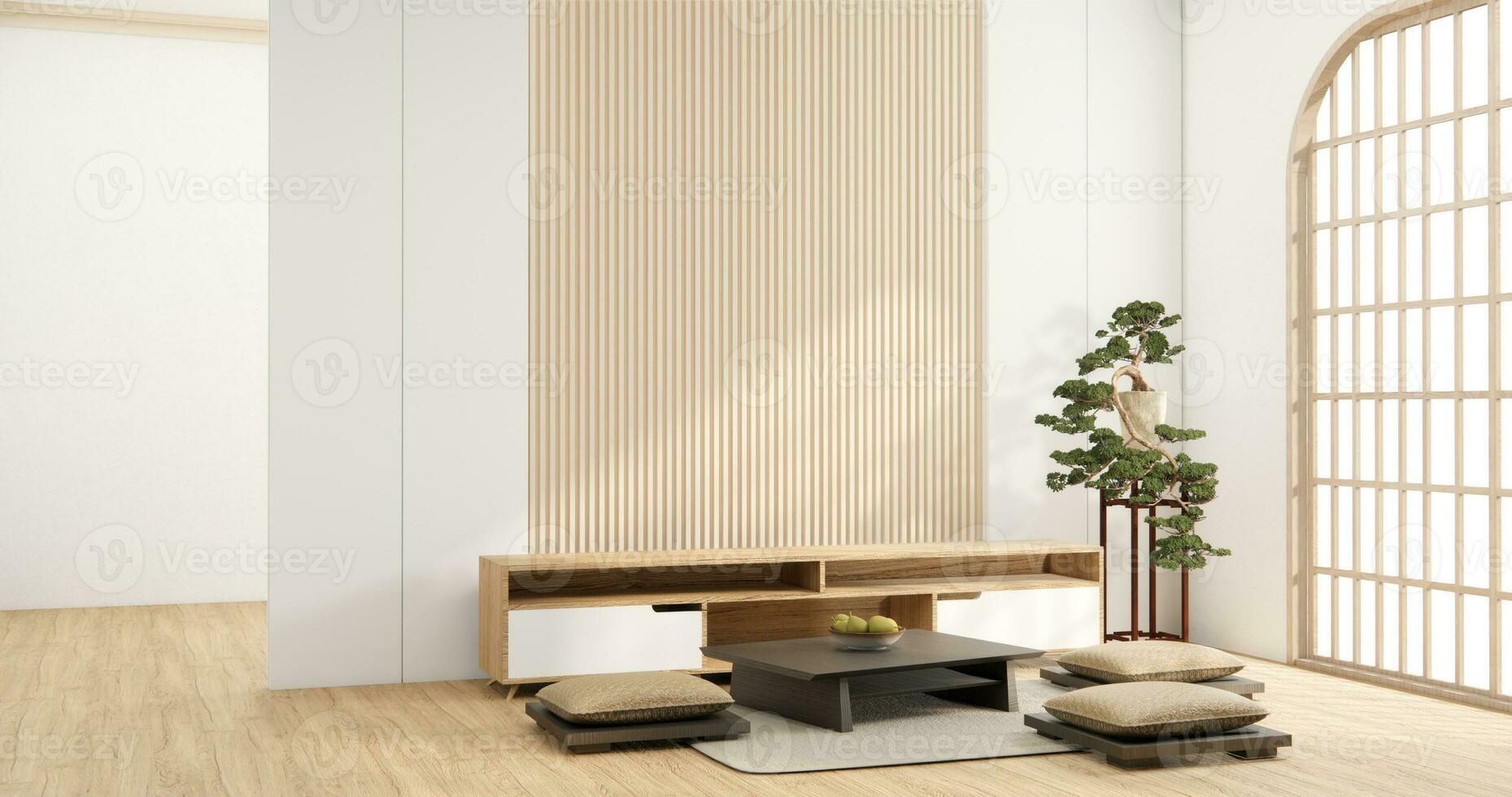 muji gabinete de madera diseño en blanco habitación interior moderno estilo. foto