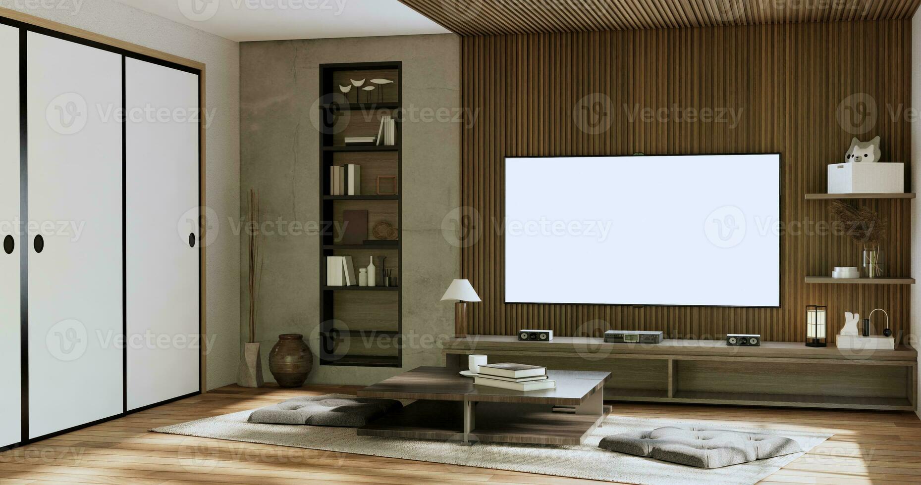 cabinet tv wooden japanese design on room minimal interior.3D rendering photo