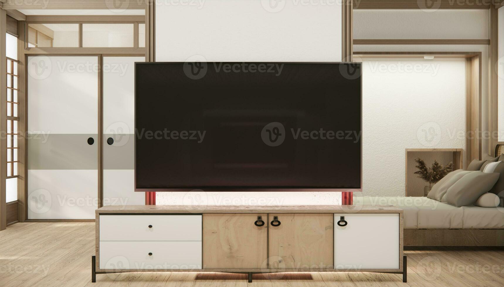 Minimal cabinet for tv interior wall mockup. photo