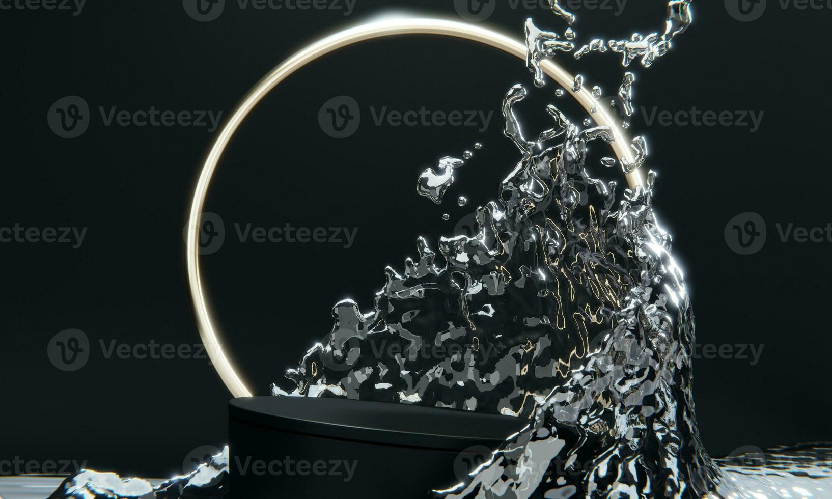 black podium and water splashing on white background.3D rendering photo