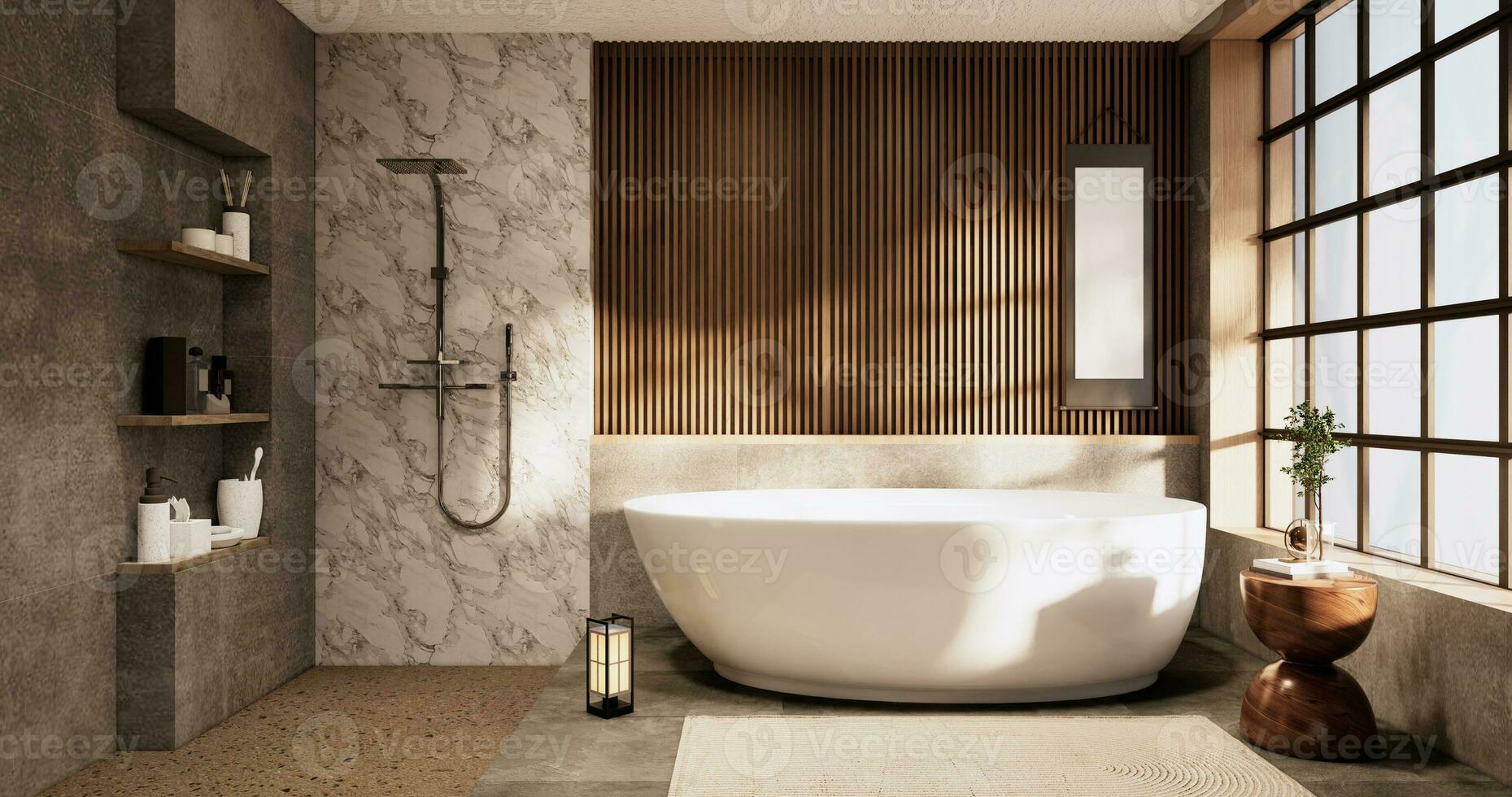 The Bath and toilet on bathroom japanese wabi sabi style .3D rendering photo