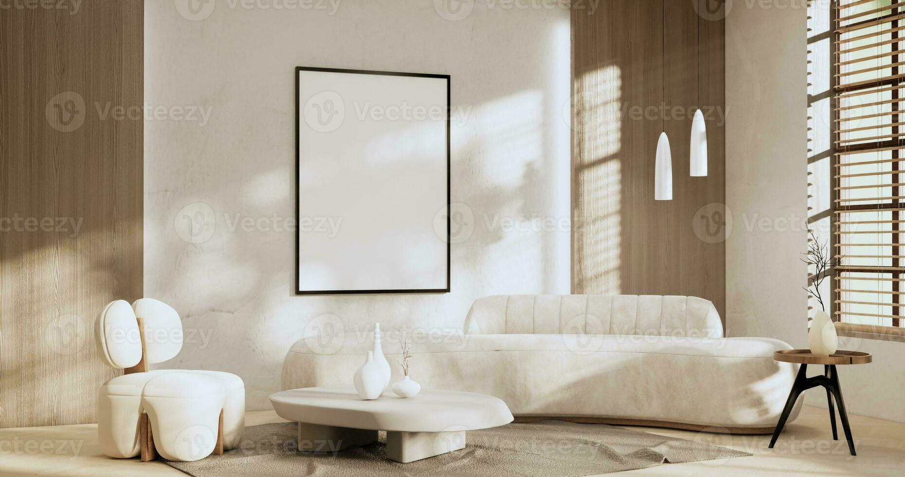 sofa and decoration japanese on Modern room interior wabisabi style.3D rendering photo