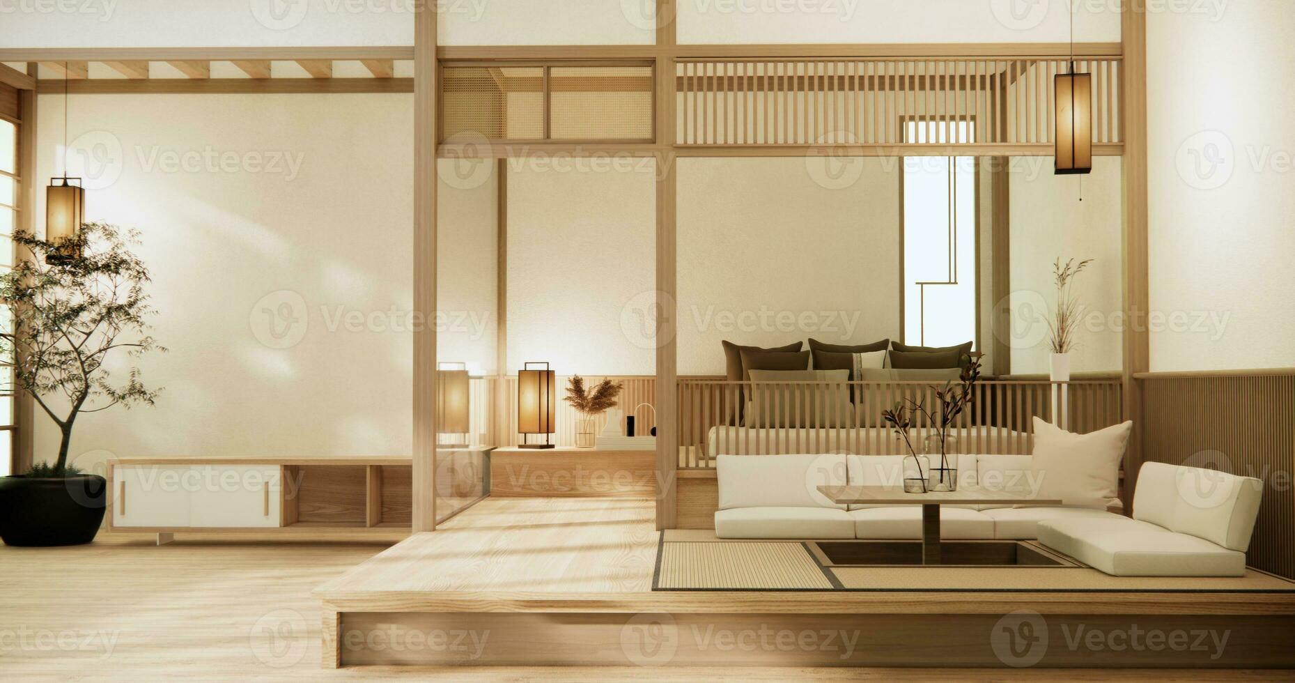 Japan style empty room decorated with wooden bed, white wall and wooden wall. photo