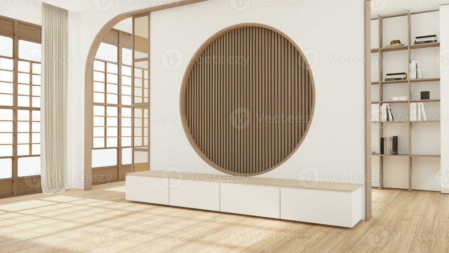 Living room, cabinet Tv minimalist design muji style.3D rendering photo