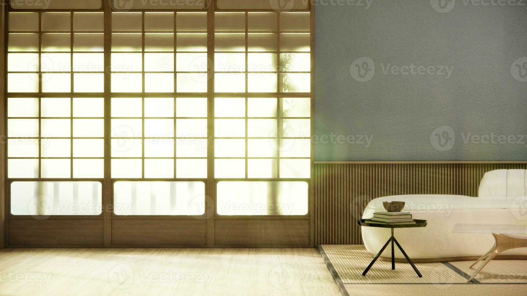 minimalista japandi estilo vivo habitación decorado con sofá.3d representación foto