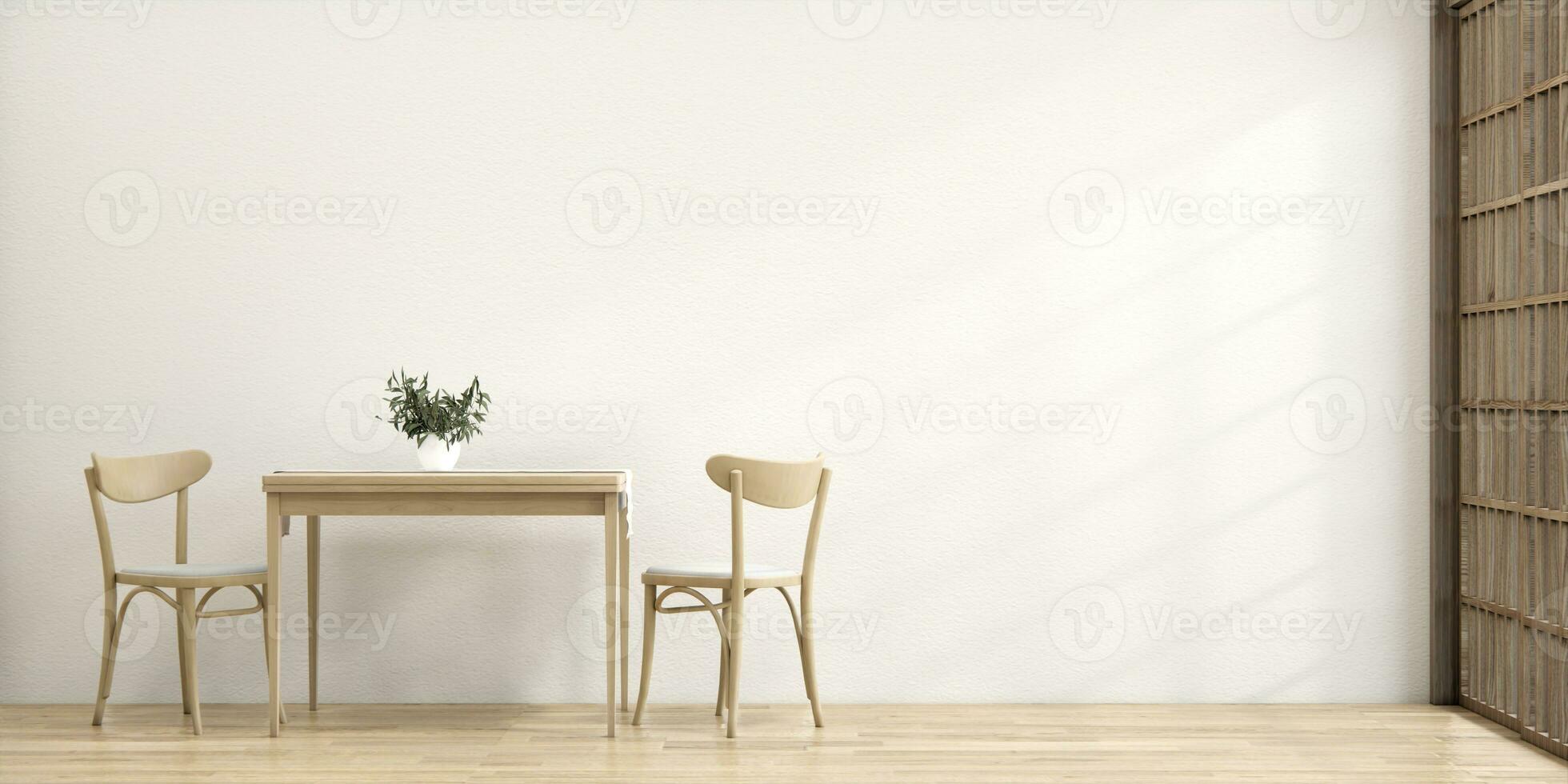kitchen room dining table grey wall wood floor. 3d rendering photo
