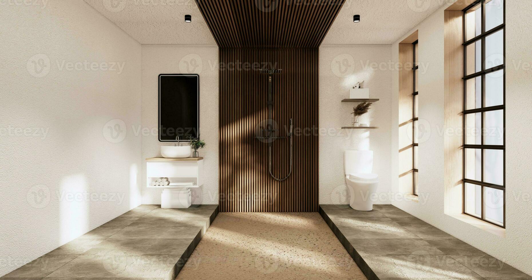 The Bath and toilet on bathroom japanese wabi sabi style .3D rendering photo