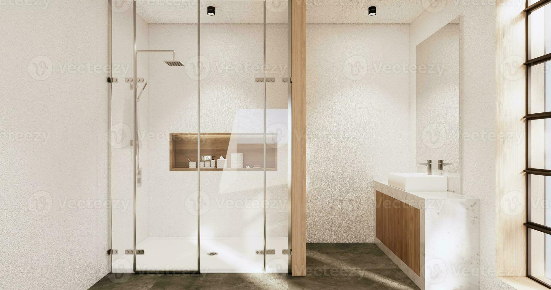 The Bath and toilet on bathroom japanese wabi sabi style .3D rendering photo