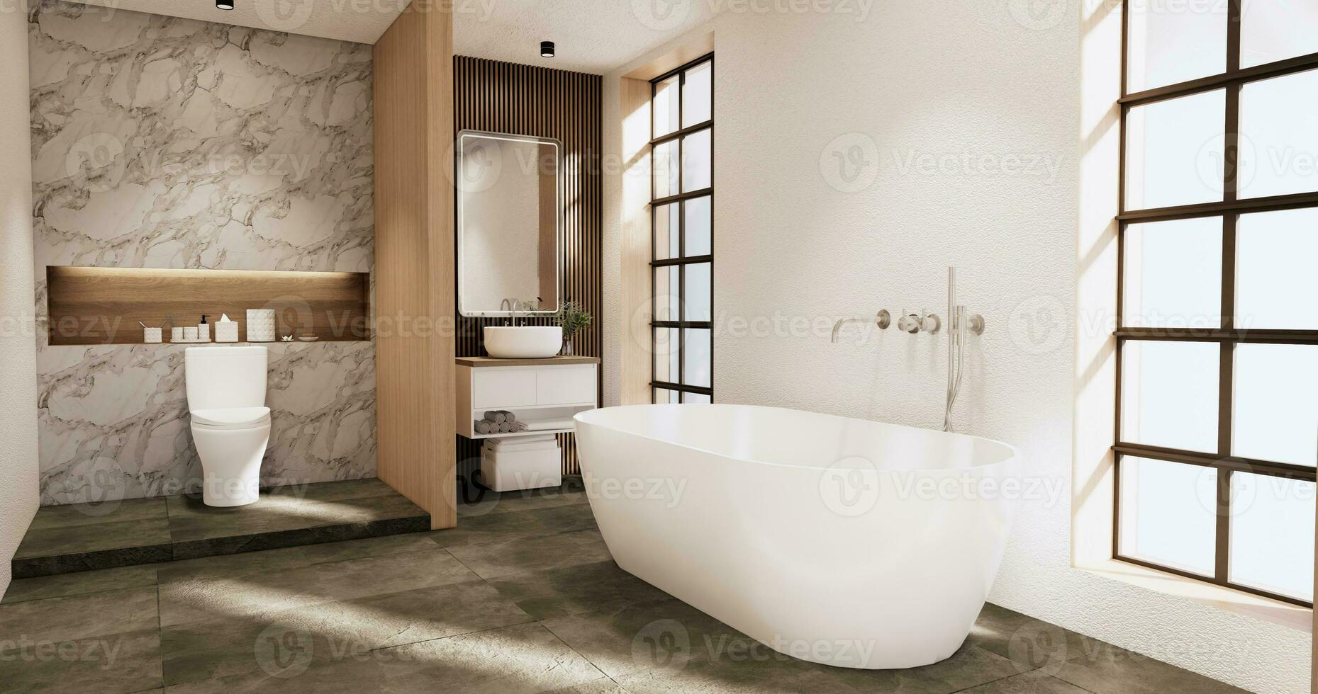 el bañera y baño en baño japonés wabi sabi estilo .3d representación  31147475 Foto de stock en Vecteezy