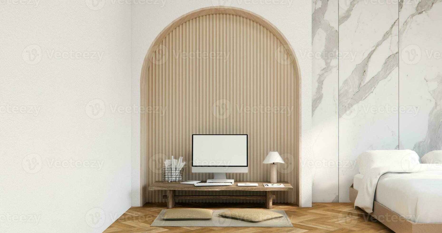 The interior Computer and office tools on desk room muji style interior design. 3D rendering photo