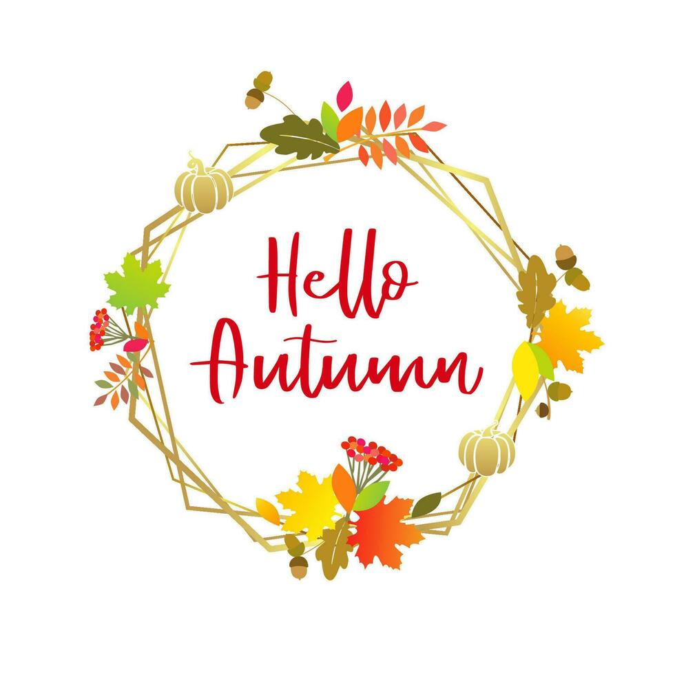 Hello Autumn vector illustration. Door wreath with colorful leaves.