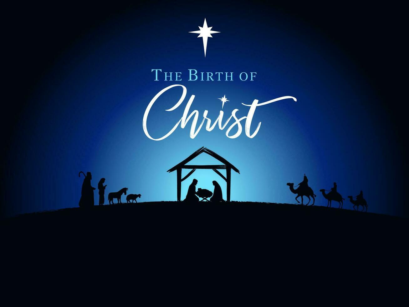 The Birth of Christ with shepherds and wise men. Nativity scene, silhouette of Jesus in manger vector