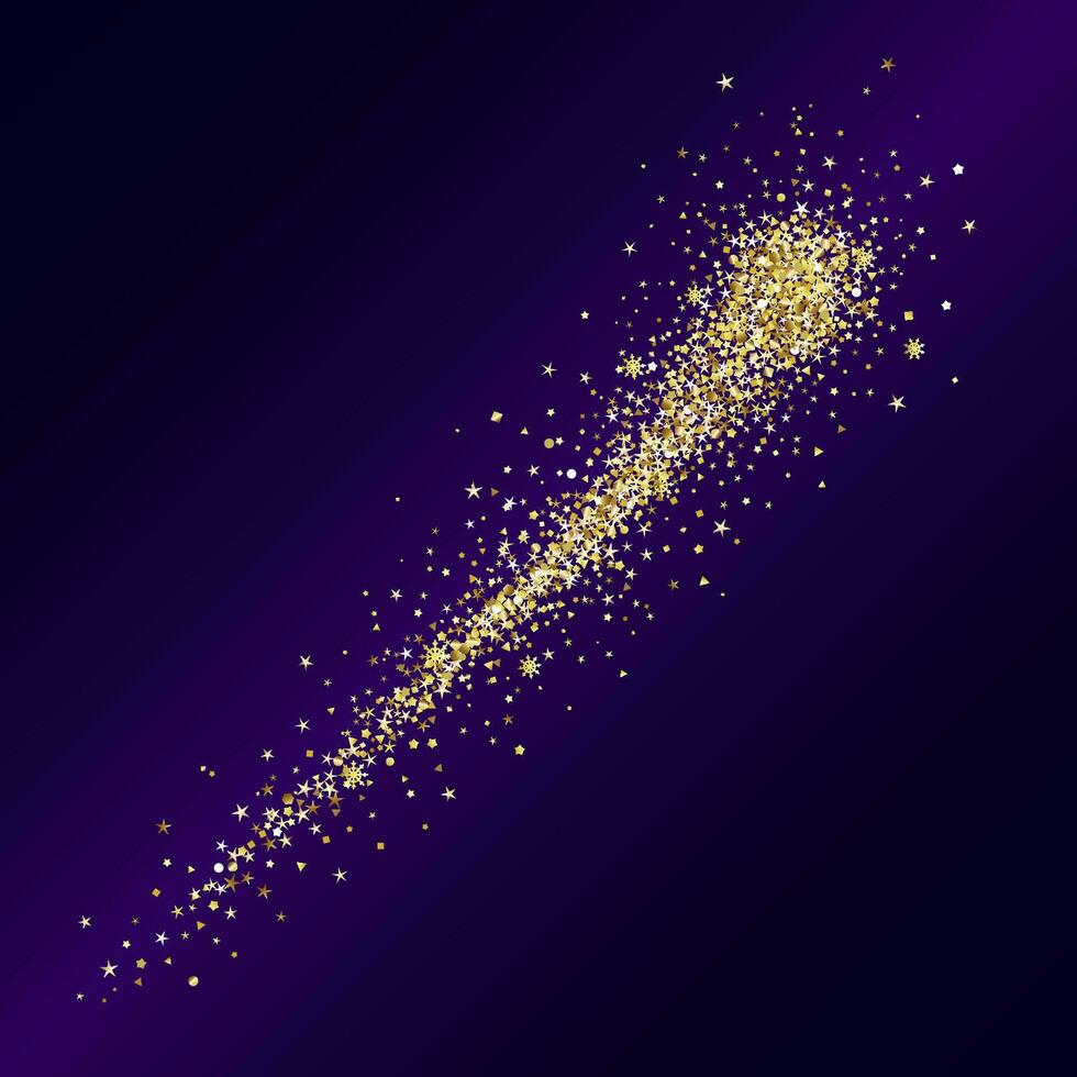 Golden sparkling curve with glittering dust on dark background. Decorative glowing shiny element for animated effects. Flying comet shape for animation. Isolated abstract graphic design template. vector