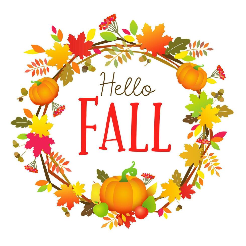 Hello Fall Internet post. Door wreath creative decor.   Greeting card design. vector