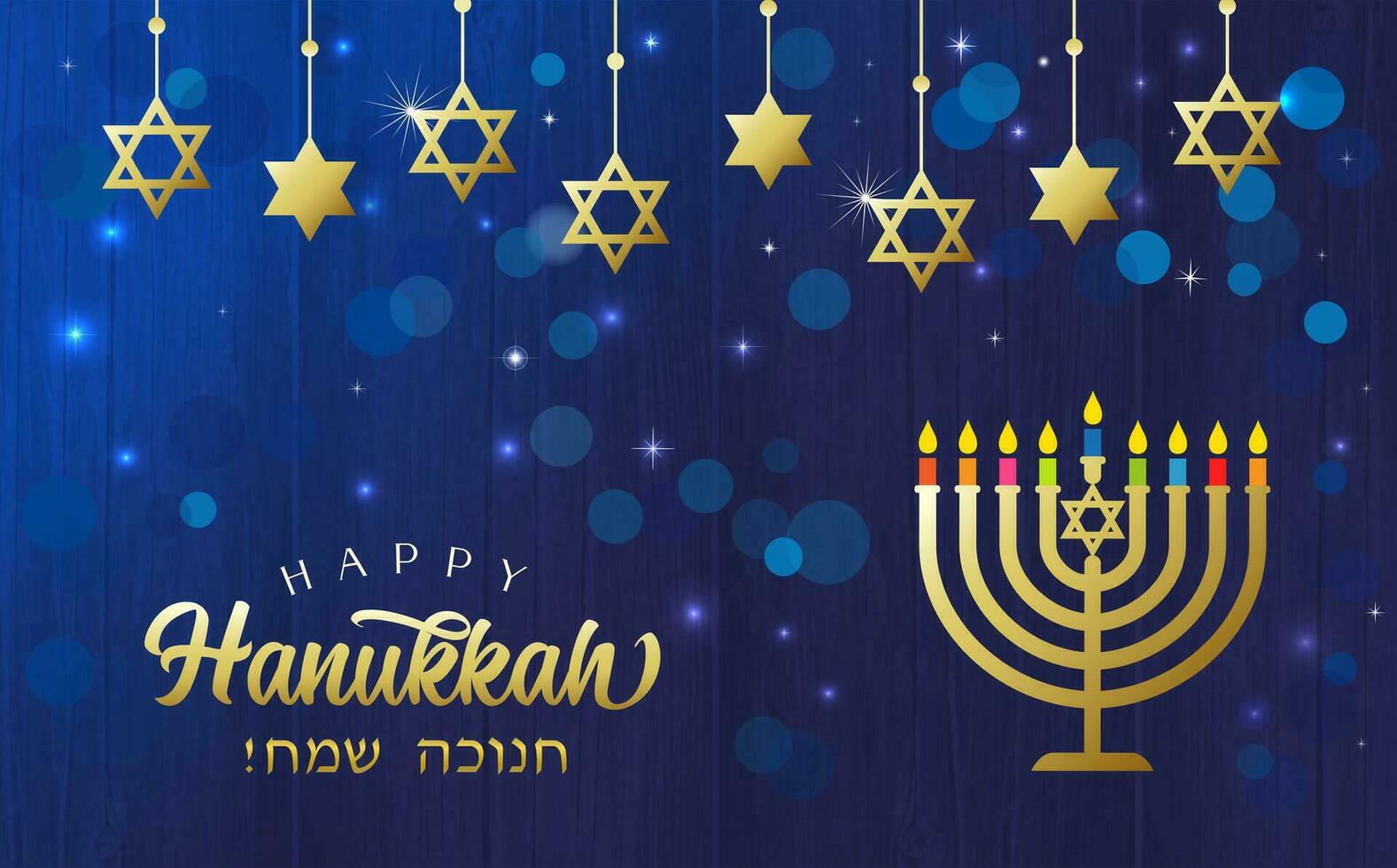 Happy Hanukkah with golden menorah and David stars. Jewish text - Happy Hanukka, greeting card concept vector