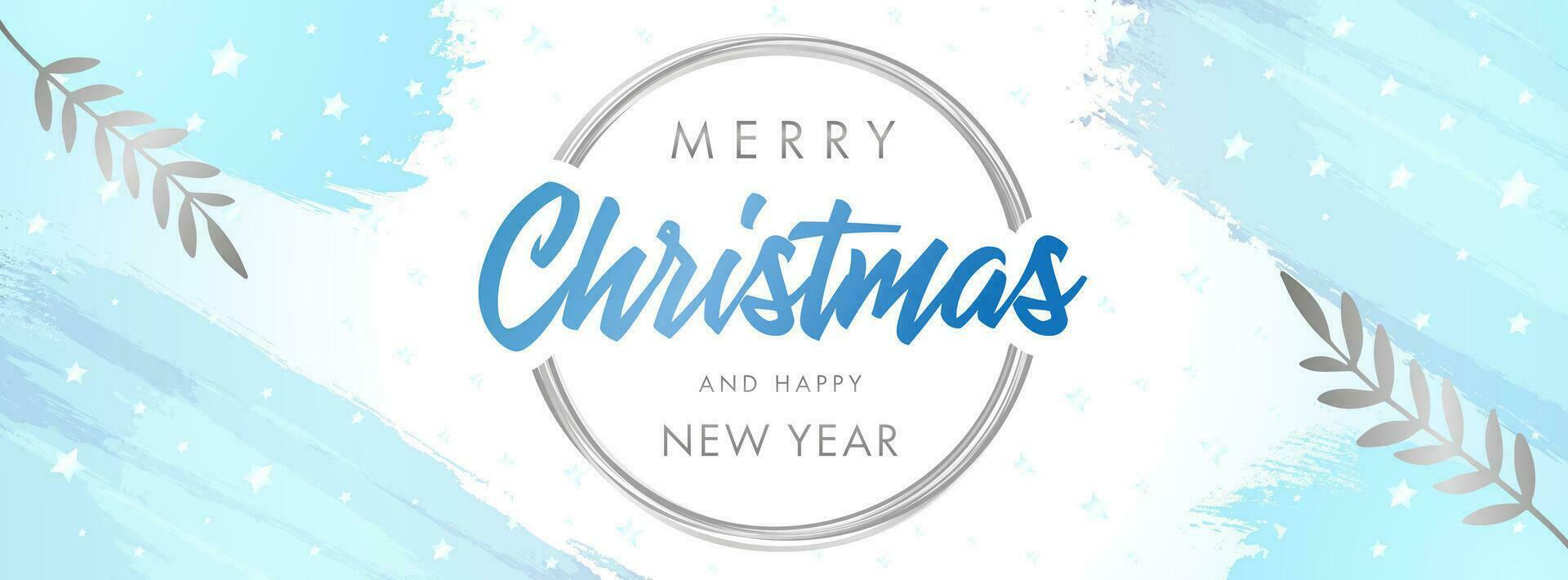 Merry Christmas lettering with silver round frame, leaves and watercolor spots. Happy New Year horizontal banner vector