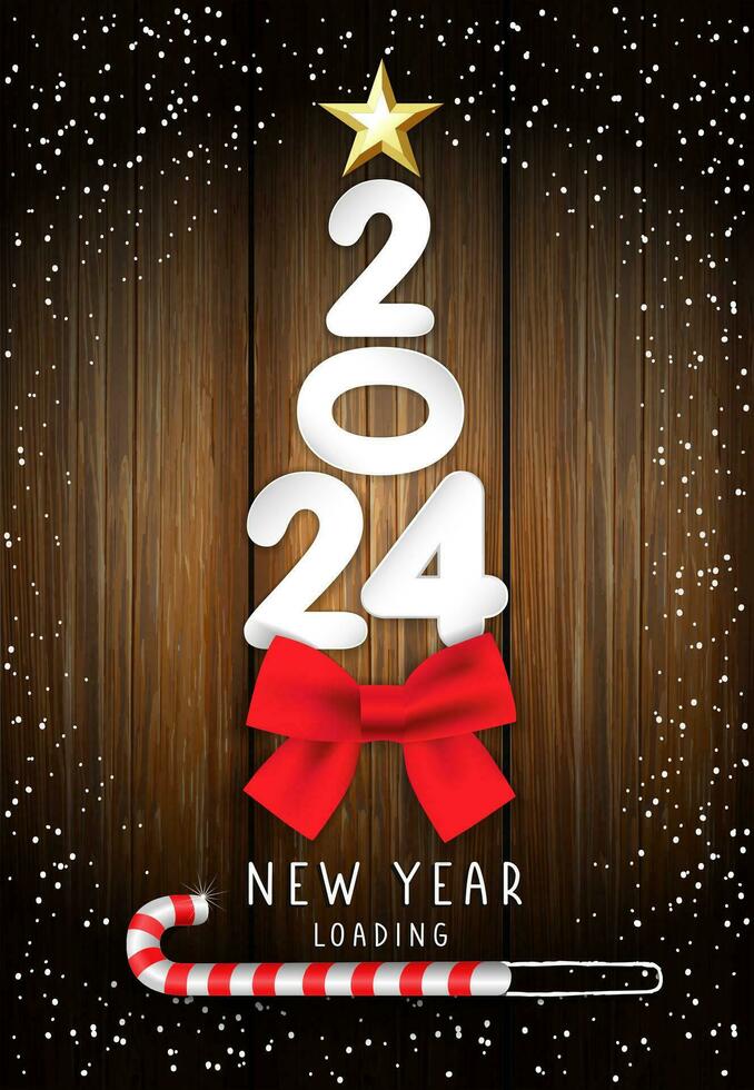 2024 New Year loading greeting card with paper numbers, red bow and golden star. vector