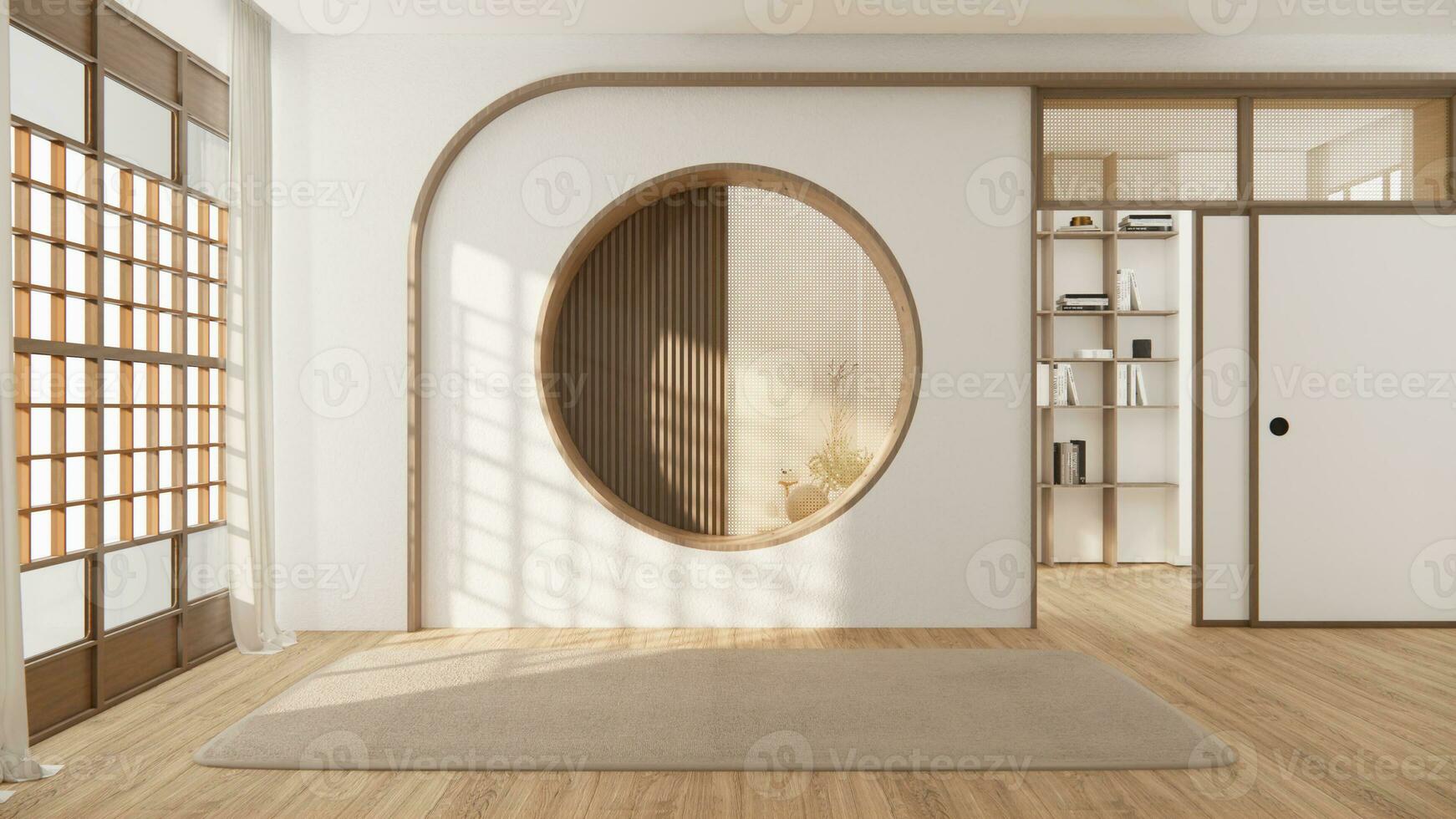 Architecture and interior concept Empty room and wood panels wall background 3D illustration rendering photo