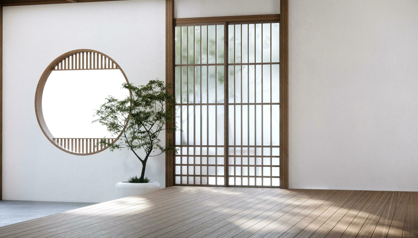 Japan style empty room decorated with white wall and wood slat wall photo