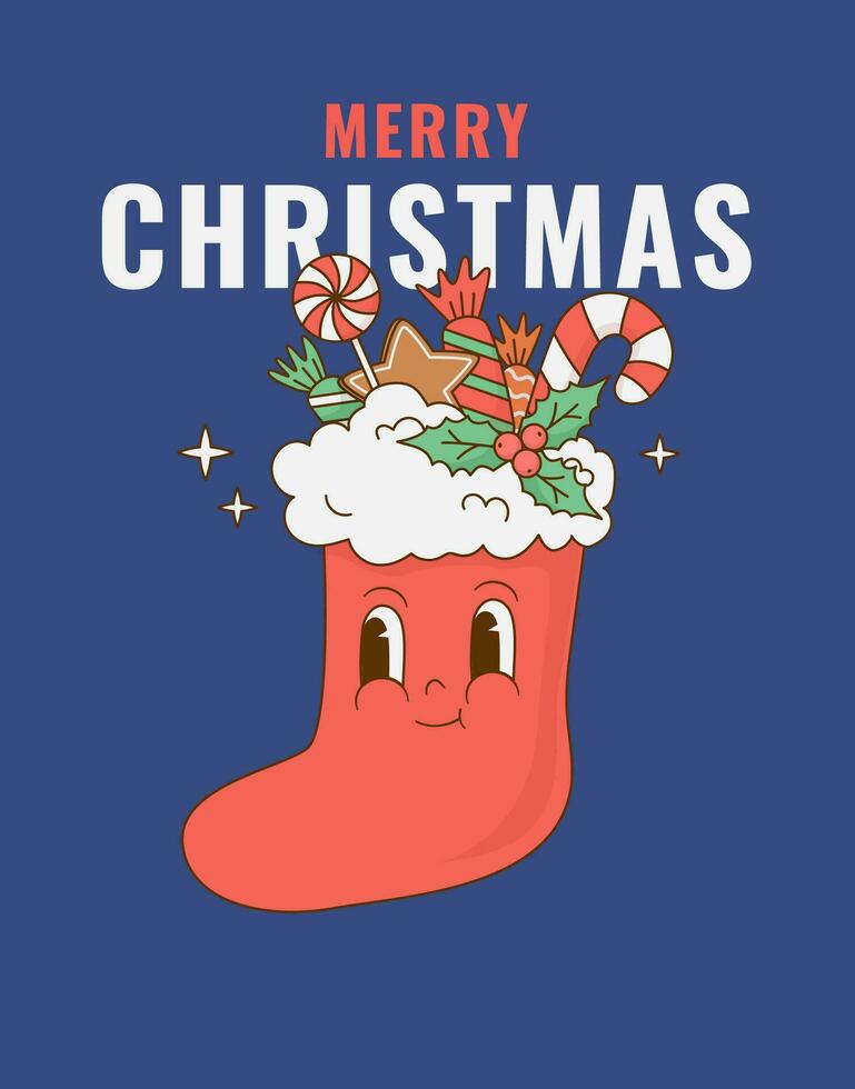 Christmas retro cartoon 70s stocking with sweets character.  Xmas mascot in groovy style vector illustration. Vintage poster, print.