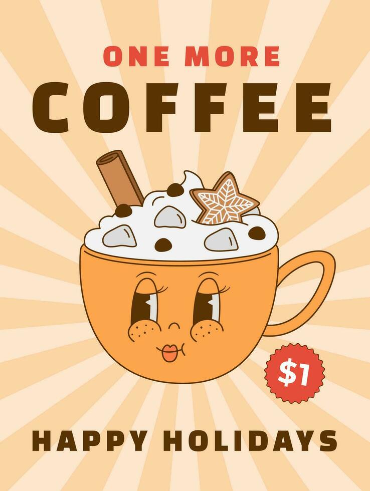 Christmas retro cartoon 70s coffee character. Cappuccino cup, latte, cocoa mascot in groovy style vector illustration. Vintage poster, print.