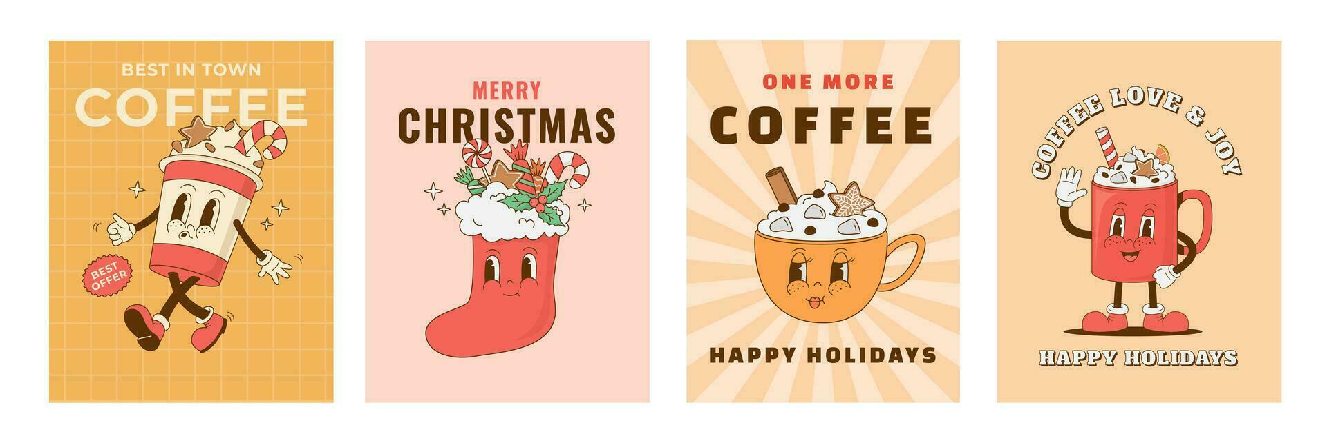 Set of retro cartoon Christmas hot drink and stocking posters. Funny coffee mug, cappuccino, latte, beverage mascot. Vector illustration. Print, flyer, invitation for cafeteria.