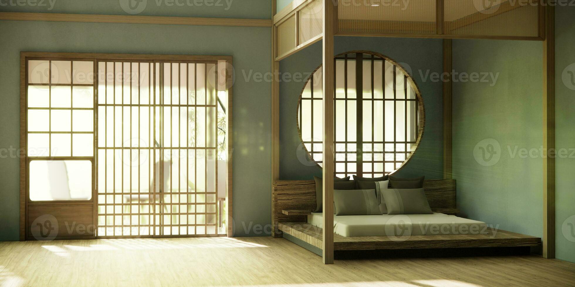 Japan style empty room decorated with wooden bed, white wall and wooden wall. photo